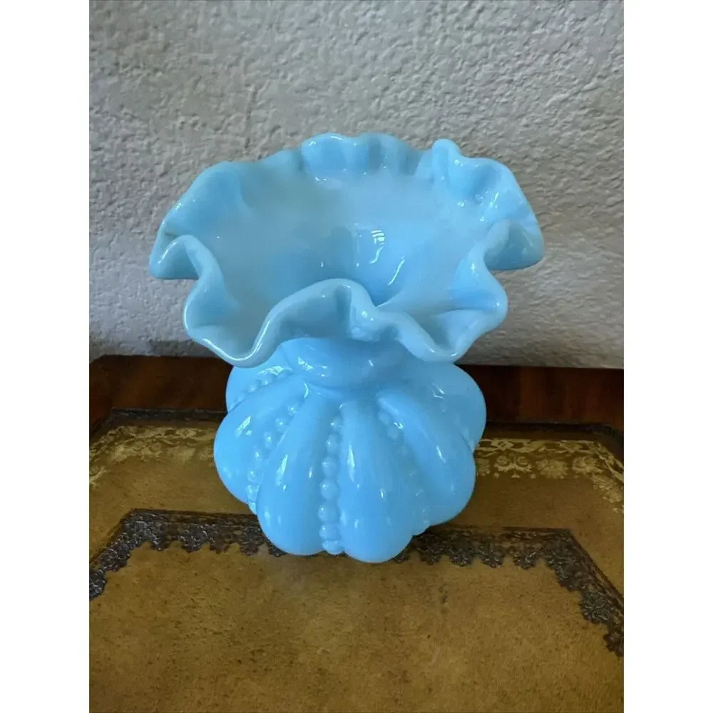 1970s Rare Fenton‎ Blue Milk Glass Beaded Melon Double Crimped Ruffled 6